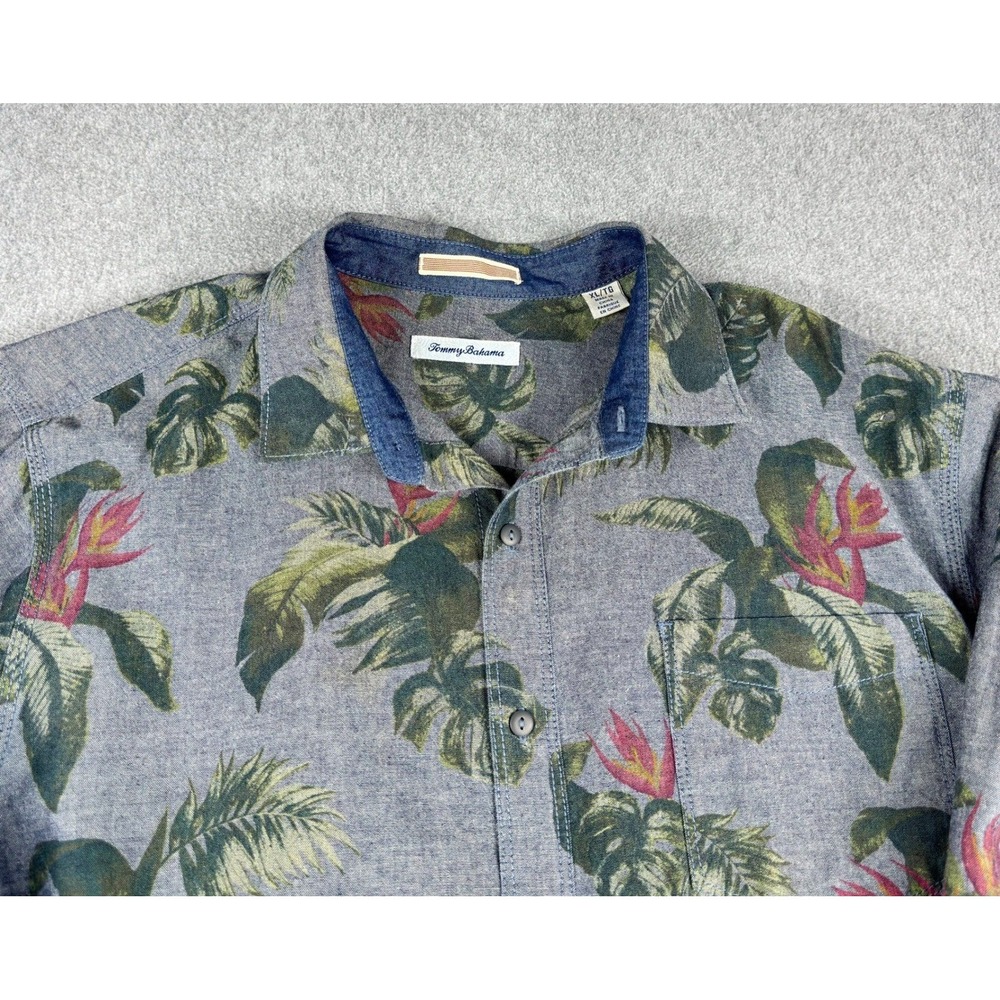 Tommy Bahama Shirt Mens XL Gray Chambray Floral Hawaiian Long Sleeve Button Up